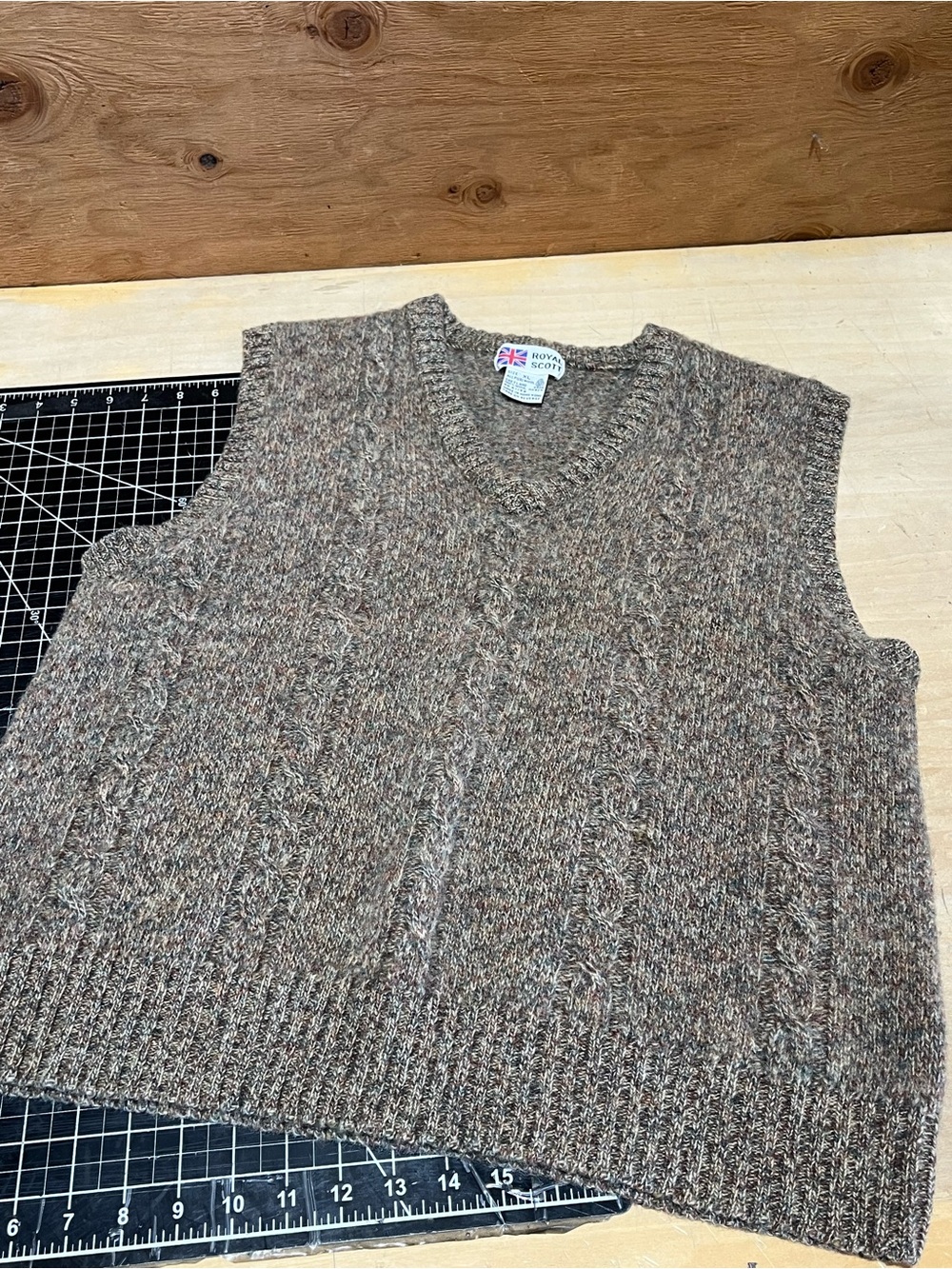 Vintage Royal Scott V-Neck Cable Knit Sweater Vest by - Brown Heather